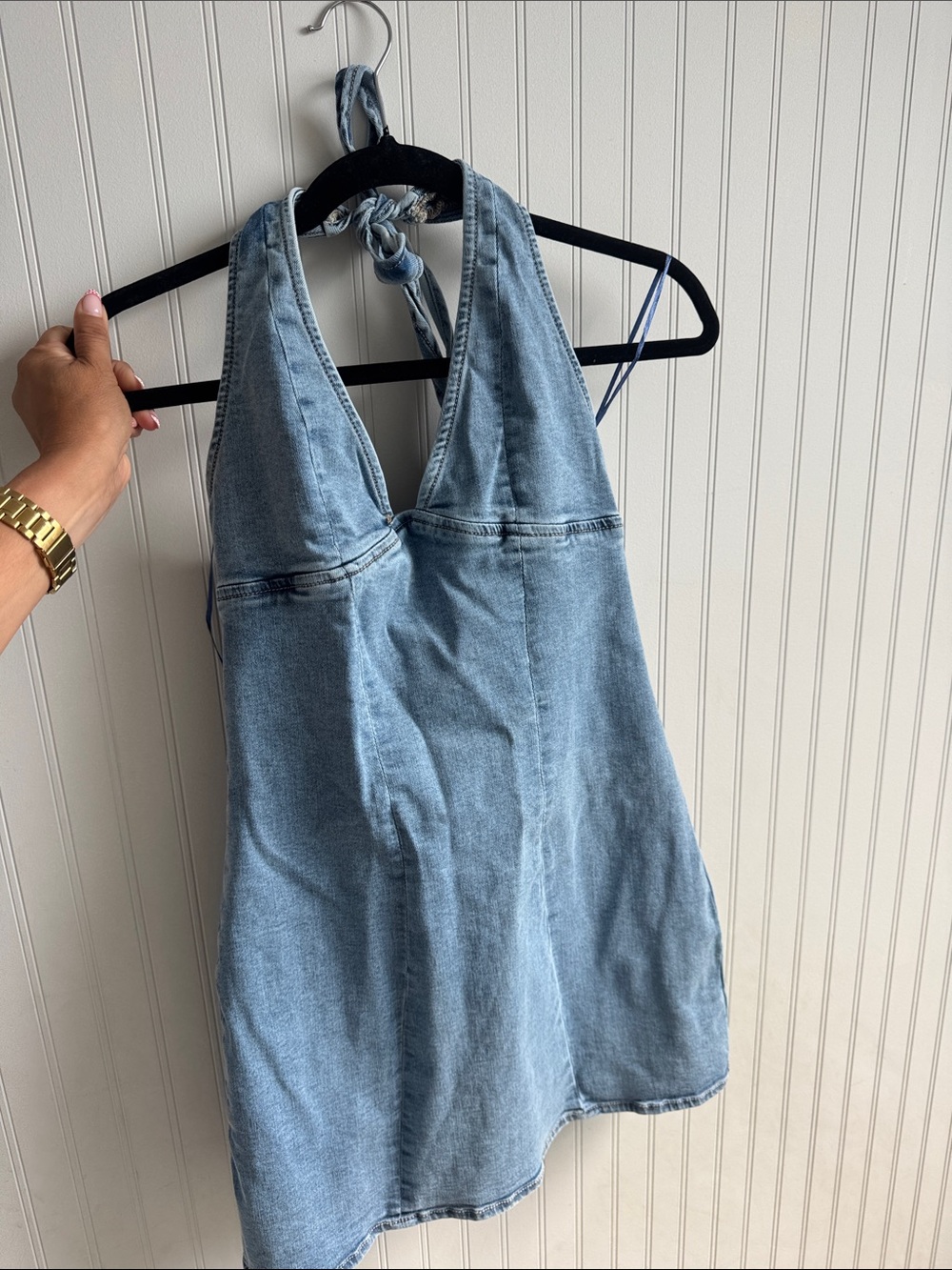 *New With Tag* GAME DAY Garage Light Blue Denim Halter Mini Dress - Picture 3 of 6